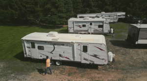  Aerial view of motorhome campsite scene.