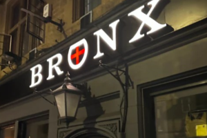  Illuminated sign at night.